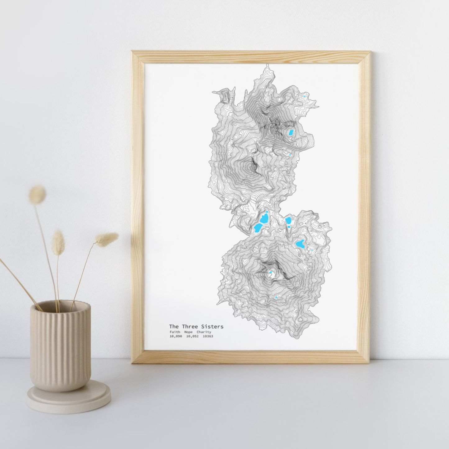 Geographic Art Print, Elegant Map Decor, Modern Home Decor, Unique Wall Art, Gift for Nature Lovers, Three Sisters Topo