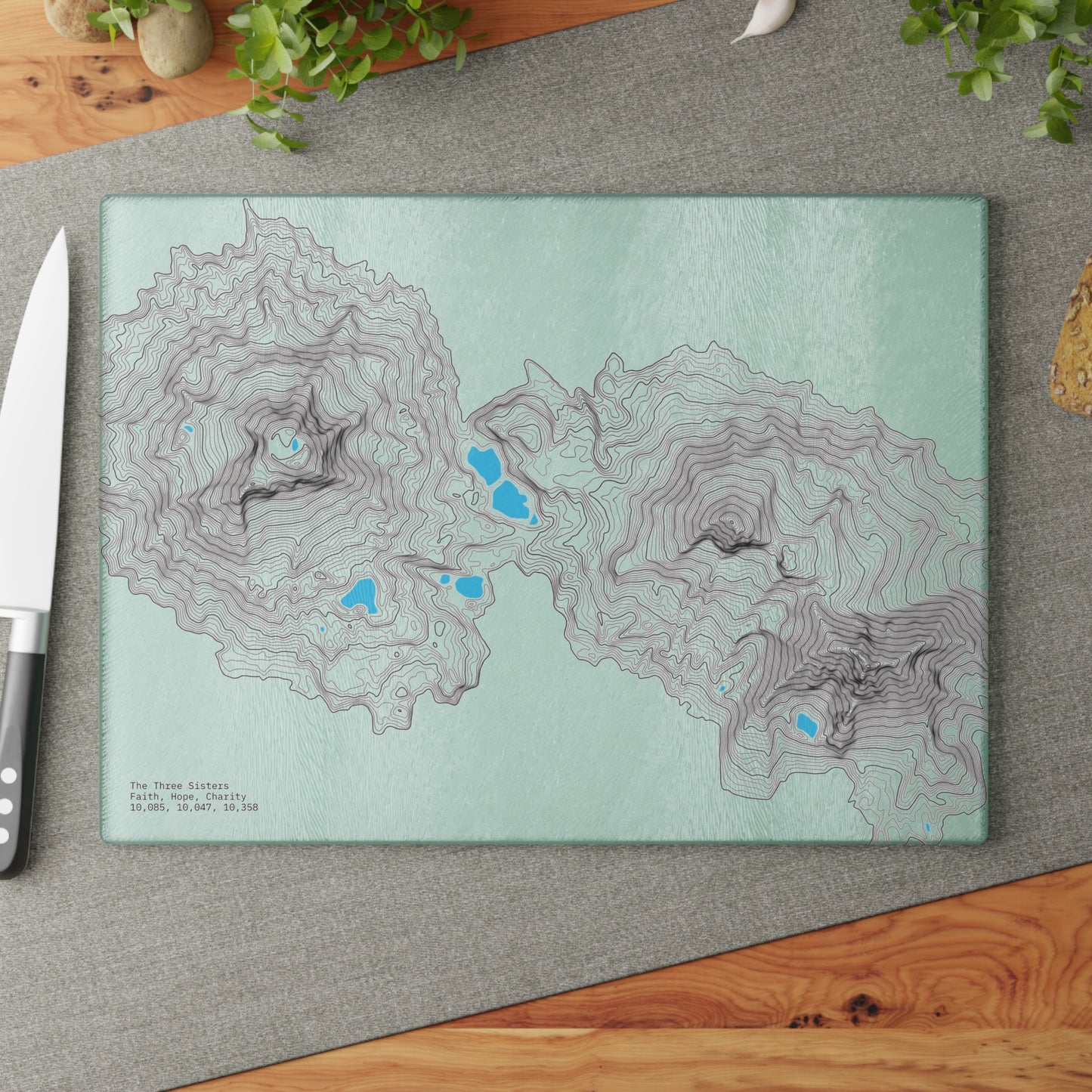 Tempered Glass Cutting Board | Three Sister Topographic Map