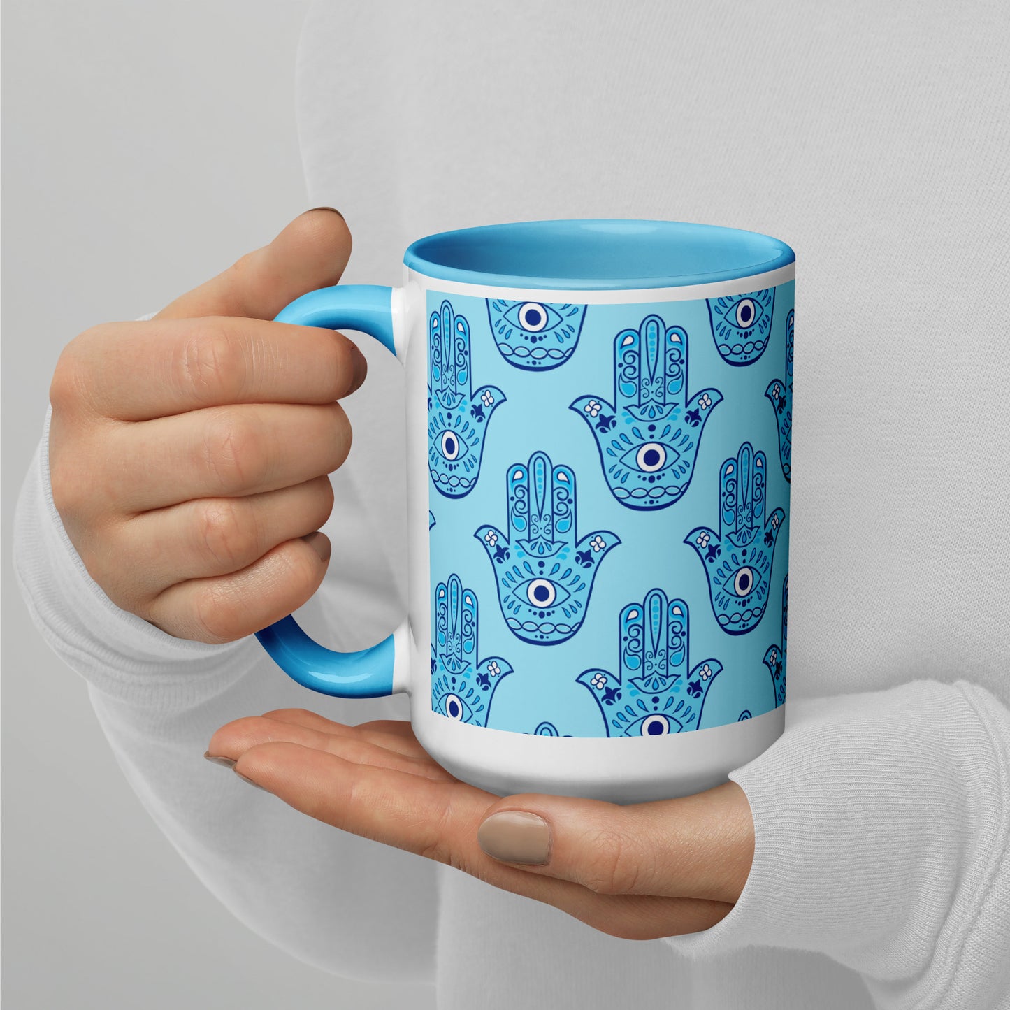 Evil Eye Pattern Chai Ceramic Coffee Mug, White with Blue Design, Mediterranean Boho Style, Microwave Safe, Standard Size, 3.75x4.5 Inches