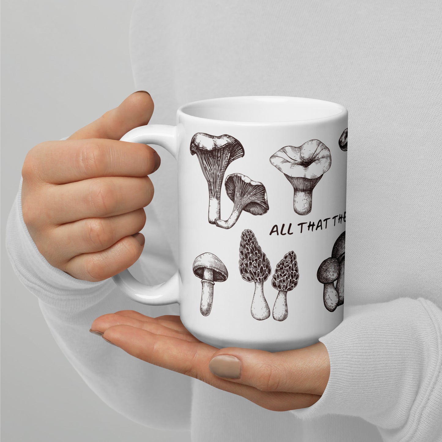 Artistic Mushroom Pattern Ceramic Coffee Mug, White, Nature Inspired Design, Decorative Kitchen Drinkware