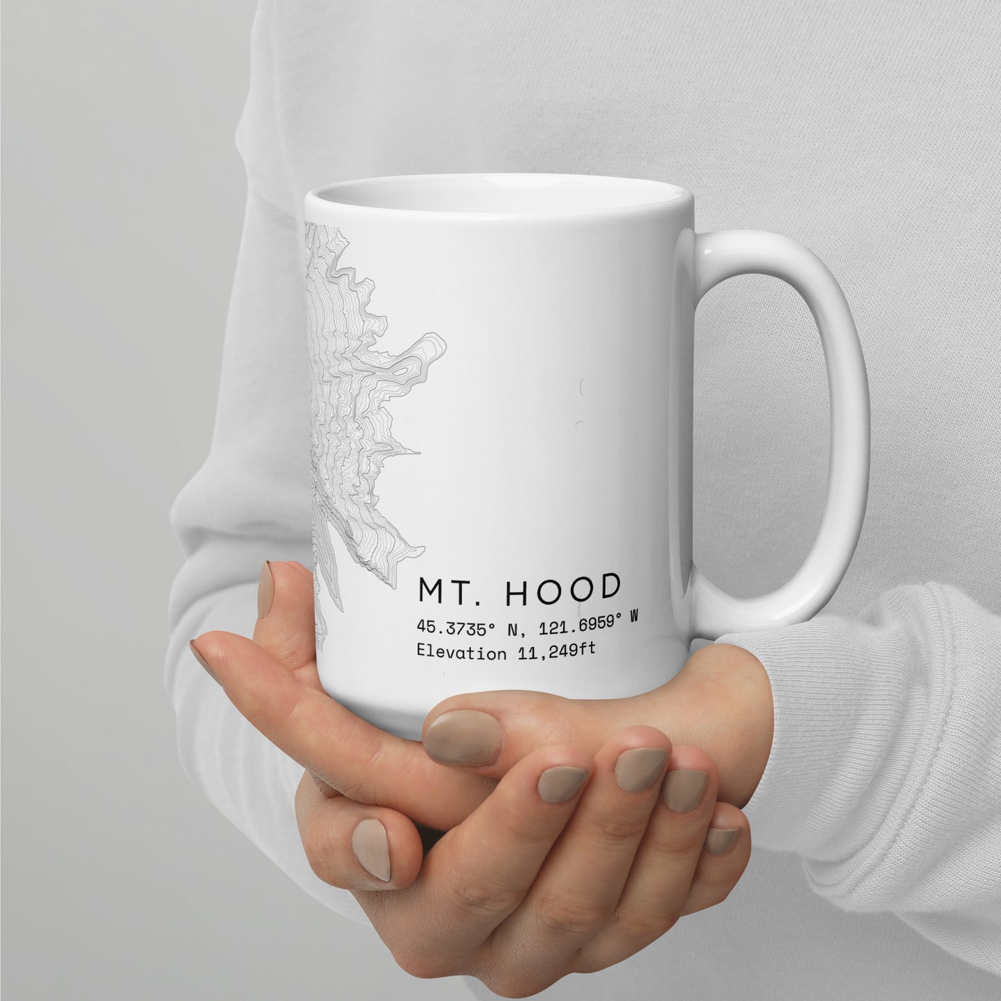 Mt Hood Topographic Map Coffee Mug, White Ceramic, Coordinates Design with Elevation Details