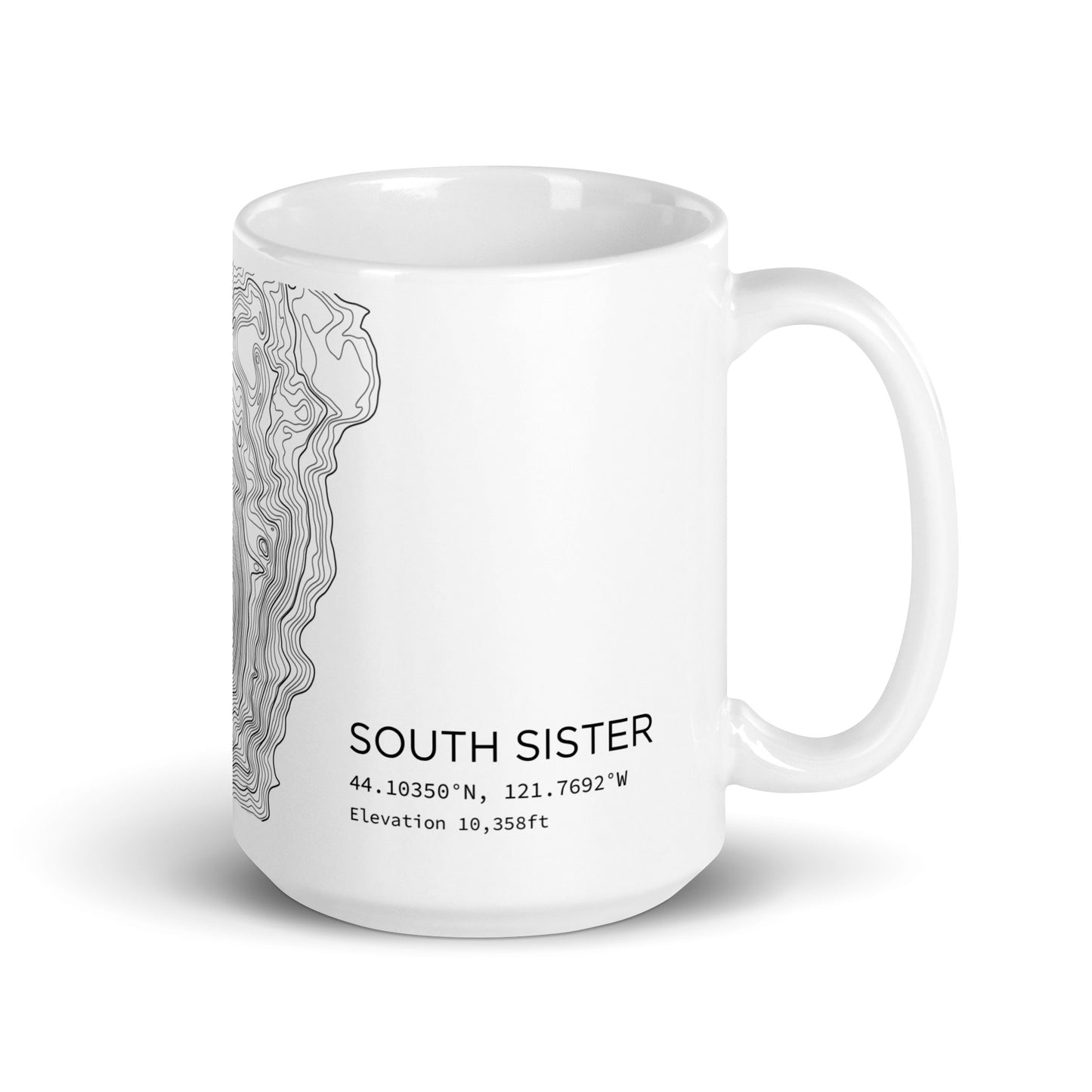 South Sister Topographic Map Coffee Mug, White Ceramic, Mountain Coordinates Design with Elevation