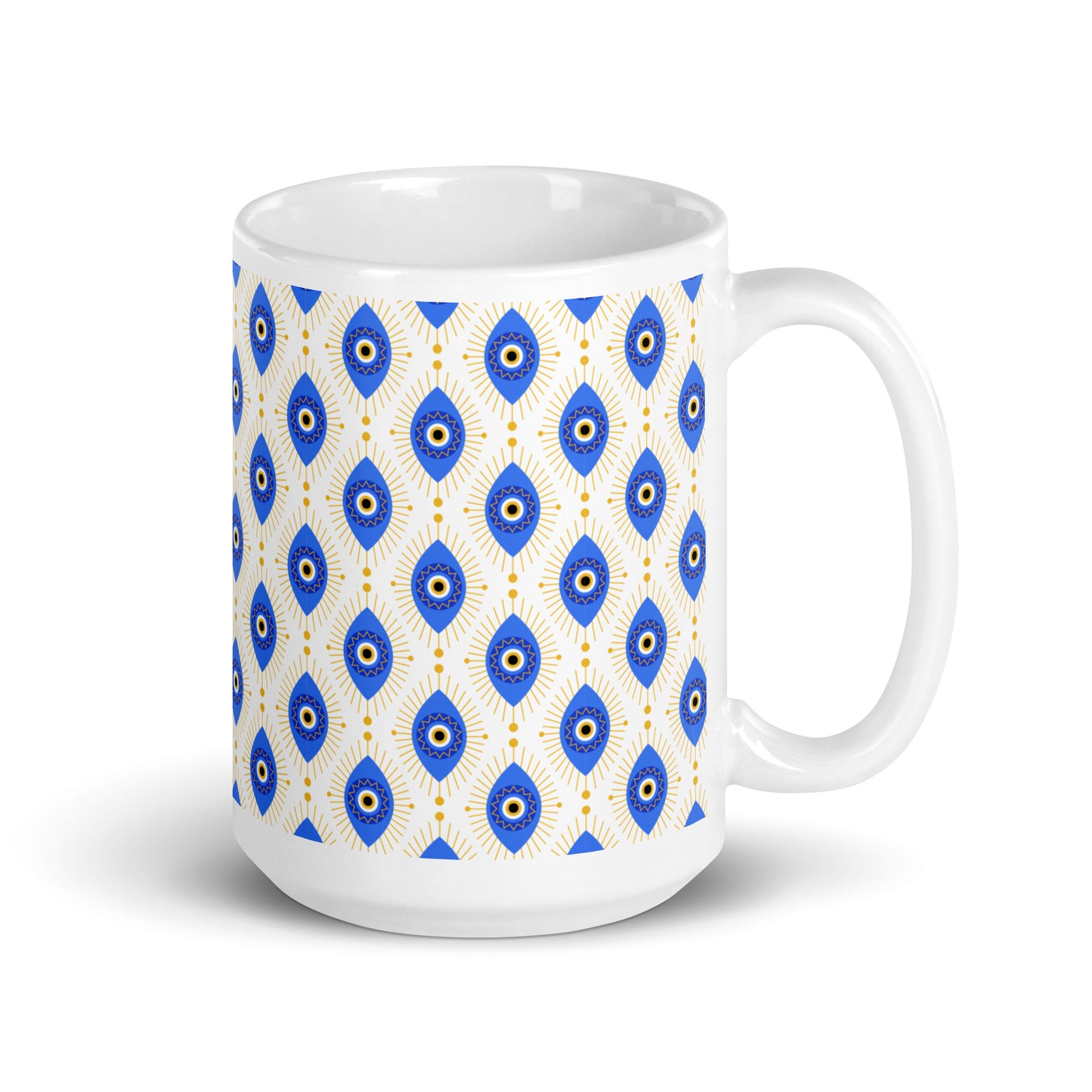Evil Eye Pattern Ceramic Coffee Mug, White with Blue and Gold Design, Traditional Mediterranean Style