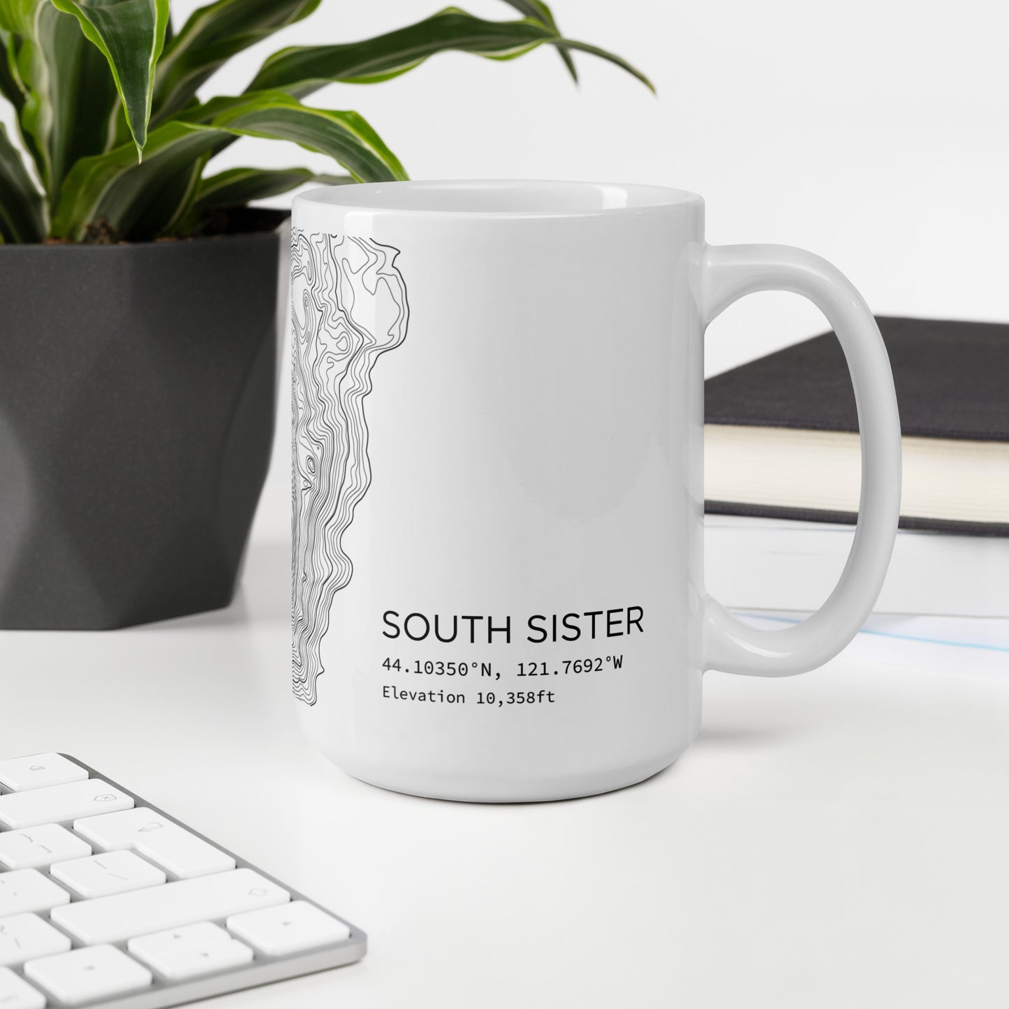 South Sister Topographic Map Coffee Mug, White Ceramic, Mountain Coordinates Design with Elevation
