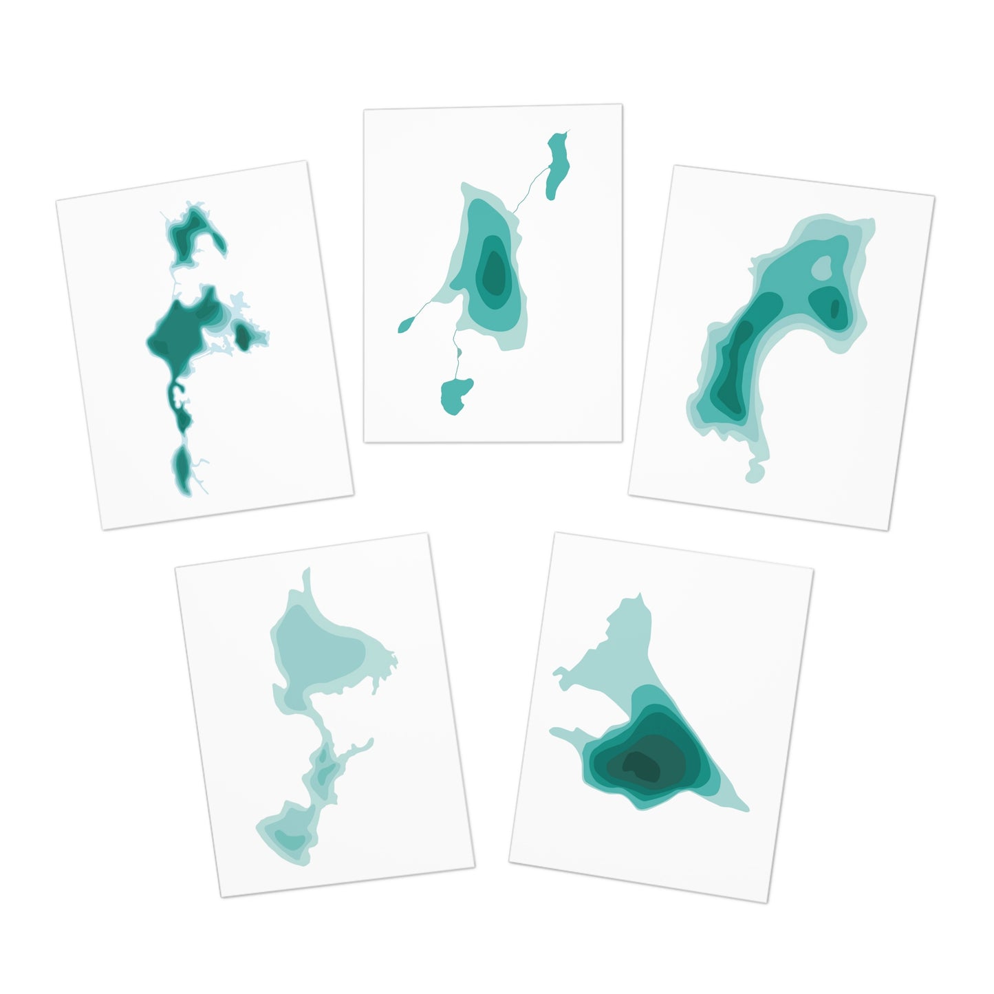 Cascade Lakes Greeting Cards Set of 5 | Oregon Lake Depth Map Art Cards | PNW Nature Cards with Envelopes | Cascade Lakes Highway