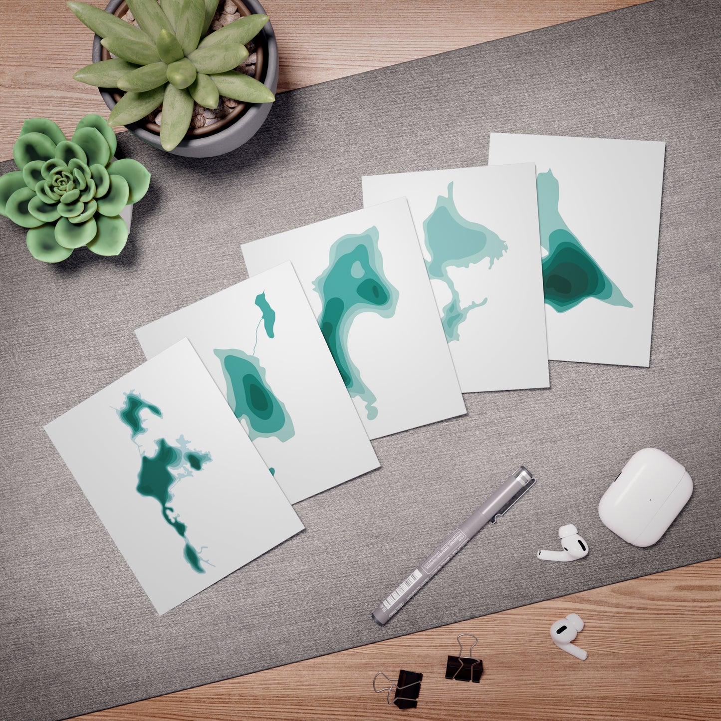 Cascade Lakes Greeting Cards Set of 5 | Oregon Lake Depth Map Art Cards | PNW Nature Cards with Envelopes | Cascade Lakes Highway