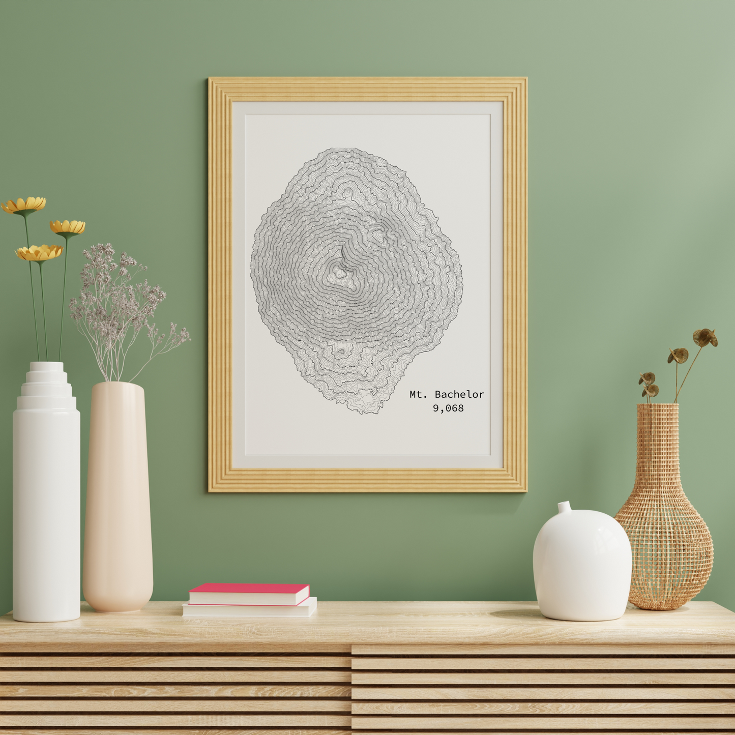 Mount Bachelor Topographic Satin Poster, Landscape Art Decor, Unique Gift, Wall Art, Hiking Decor, Home Office Decoration