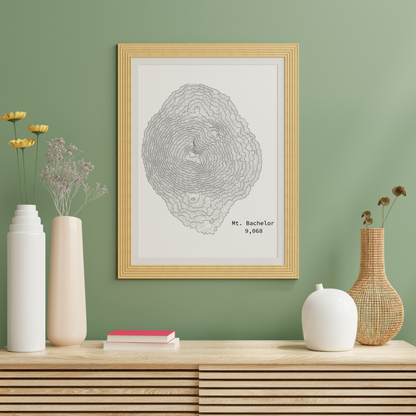 Mount Bachelor Topographic Satin Poster, Landscape Art Decor, Unique Gift, Wall Art, Hiking Decor, Home Office Decoration