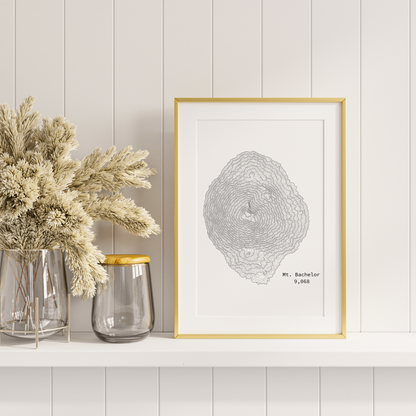 Mount Bachelor Topographic Satin Poster, Landscape Art Decor, Unique Gift, Wall Art, Hiking Decor, Home Office Decoration