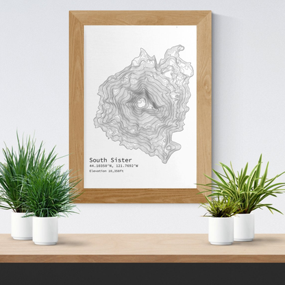 Poster, Topographic Map of South Sister Near Bend Oregon, Satin Print Wall Art Decor, Gift for Hiker, Map Lover, Wanderlust, Oregon Home