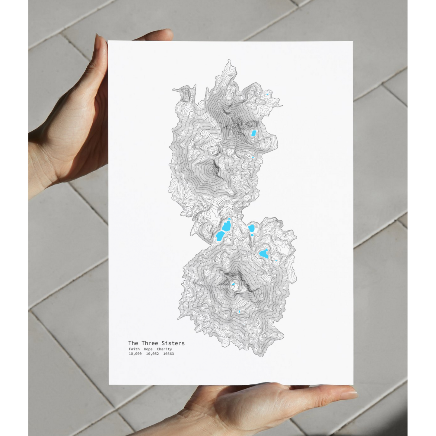 Geographic Art Print, Elegant Map Decor, Modern Home Decor, Unique Wall Art, Gift for Nature Lovers, Three Sisters Topo