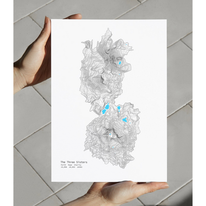 Geographic Art Print, Elegant Map Decor, Modern Home Decor, Unique Wall Art, Gift for Nature Lovers, Three Sisters Topo