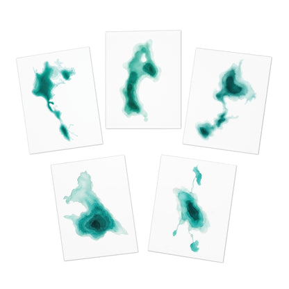 Cascade Lakes Greeting Cards Set of 5 | Bend Oregon Lakes Watercolor Depth Map Art Cards | PNW Nature Cards with Envelopes