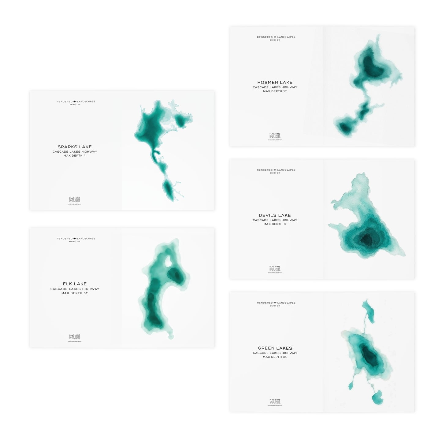 Cascade Lakes Greeting Cards Set of 5 | Bend Oregon Lakes Watercolor Depth Map Art Cards | PNW Nature Cards with Envelopes