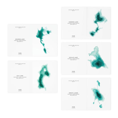 Cascade Lakes Greeting Cards Set of 5 | Bend Oregon Lakes Watercolor Depth Map Art Cards | PNW Nature Cards with Envelopes