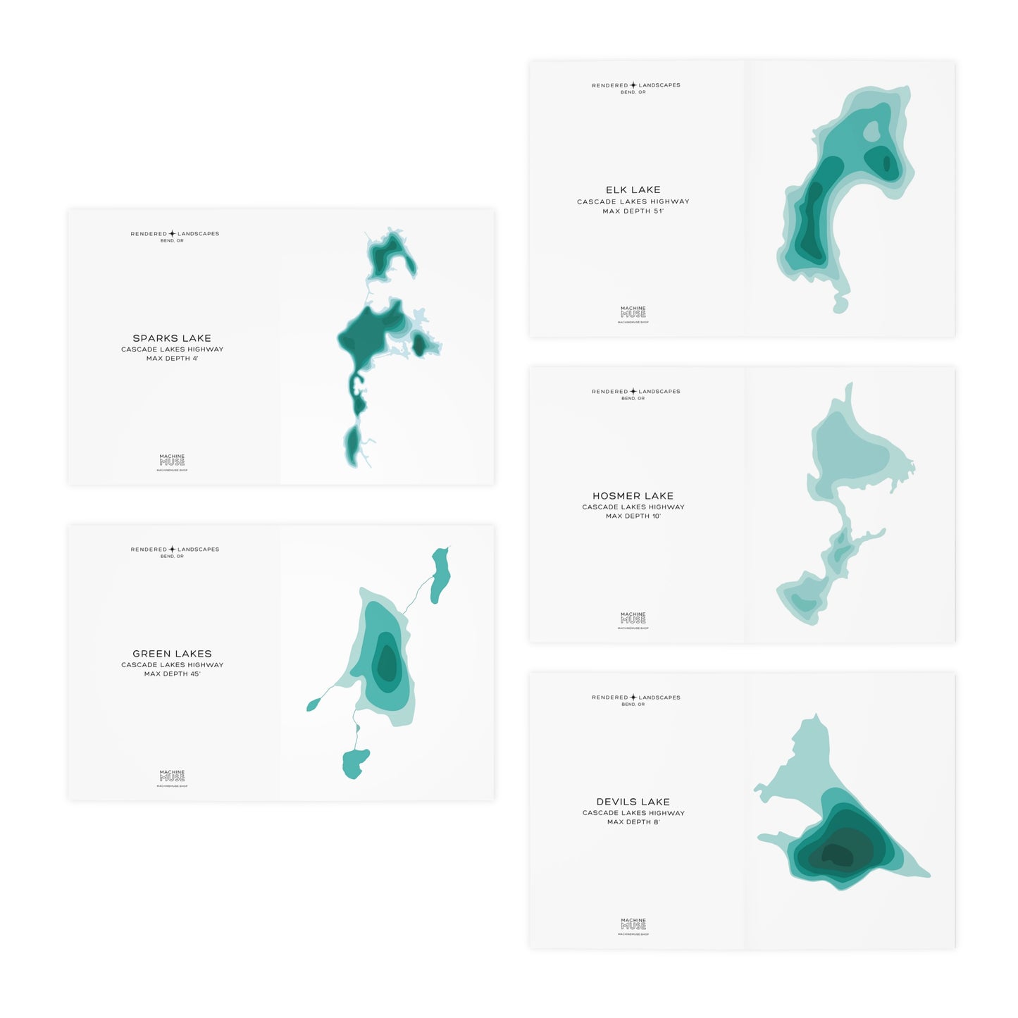 Cascade Lakes Greeting Cards Set of 5 | Oregon Lake Depth Map Art Cards | PNW Nature Cards with Envelopes | Cascade Lakes Highway