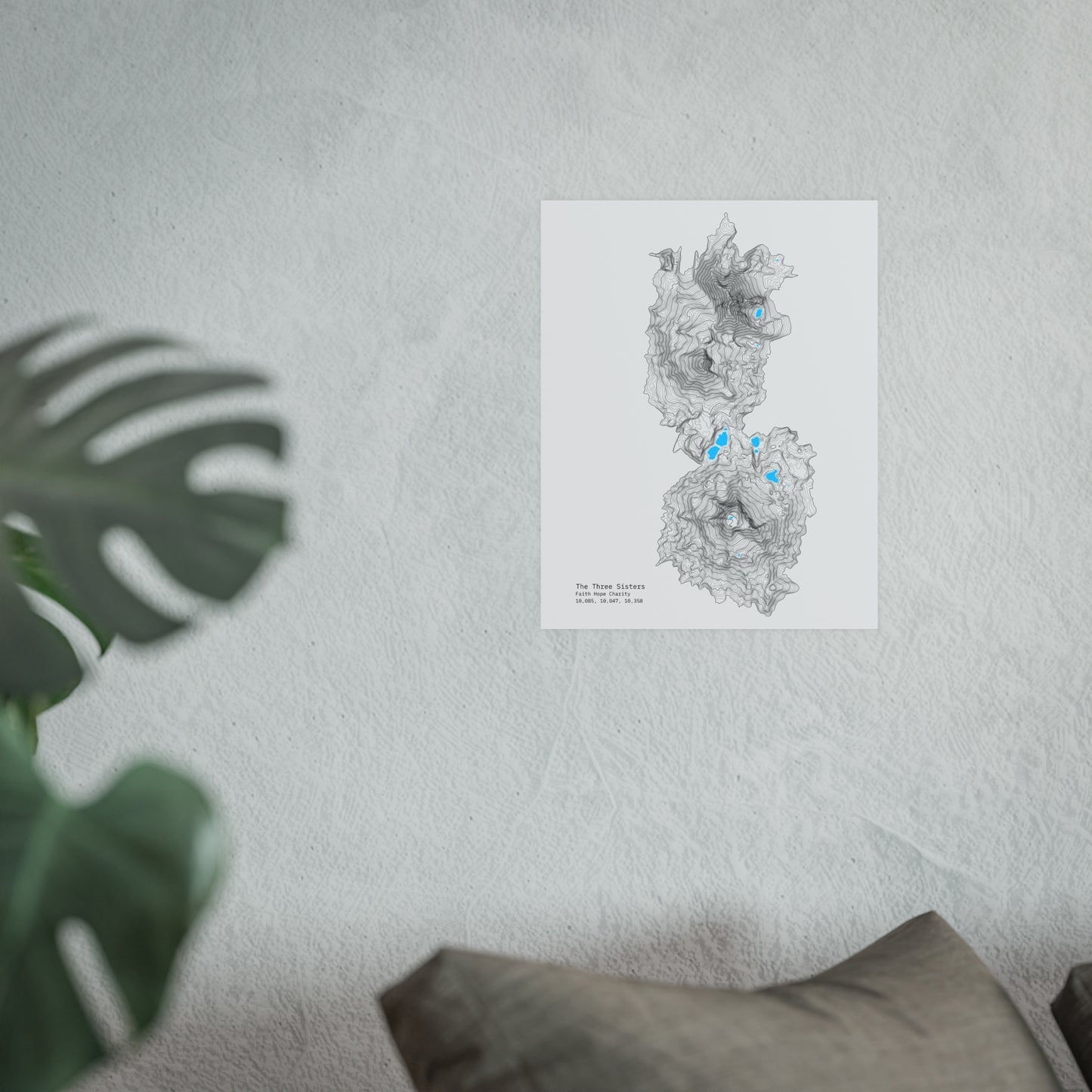 Geographic Art Print, Elegant Map Decor, Modern Home Decor, Unique Wall Art, Gift for Nature Lovers, Three Sisters Topo