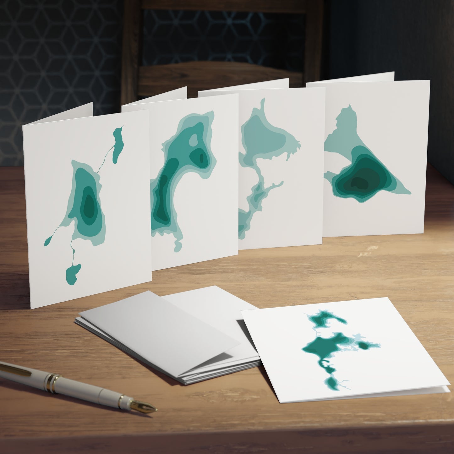 Cascade Lakes Greeting Cards Set of 5 | Oregon Lake Depth Map Art Cards | PNW Nature Cards with Envelopes | Cascade Lakes Highway