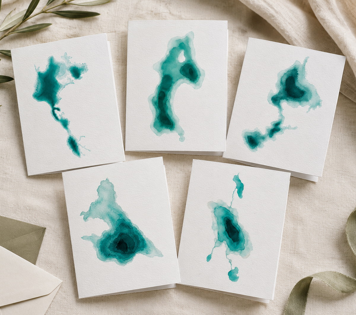 Cascade Lakes Greeting Cards Set of 5 | Bend Oregon Lakes Watercolor Depth Map Art Cards | PNW Nature Cards with Envelopes