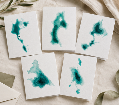 Cascade Lakes Greeting Cards Set of 5 | Bend Oregon Lakes Watercolor Depth Map Art Cards | PNW Nature Cards with Envelopes