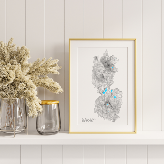 Geographic Art Print, Elegant Map Decor, Modern Home Decor, Unique Wall Art, Gift for Nature Lovers, Three Sisters Topo