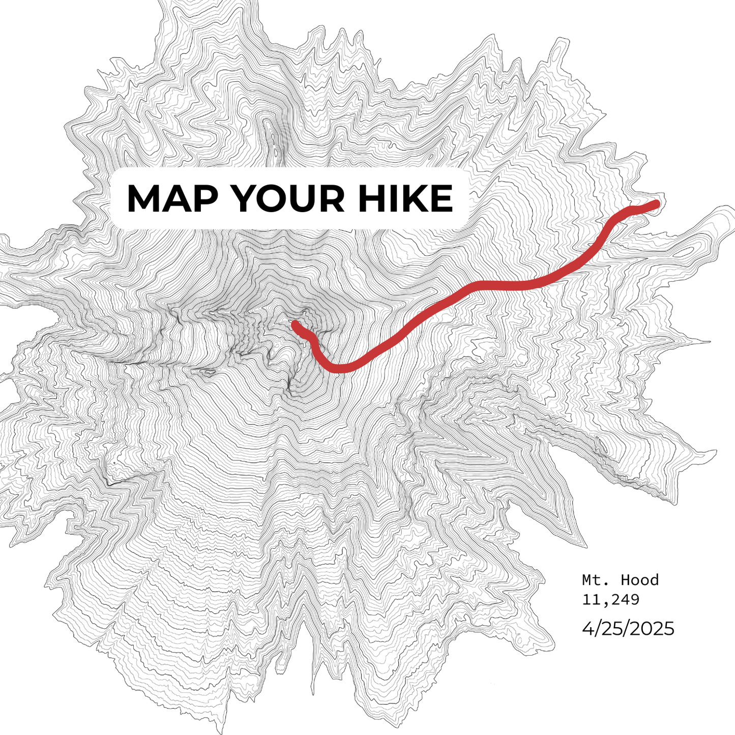 Custom topographic map with a red line and 'Map Your Hike' text on a white background
