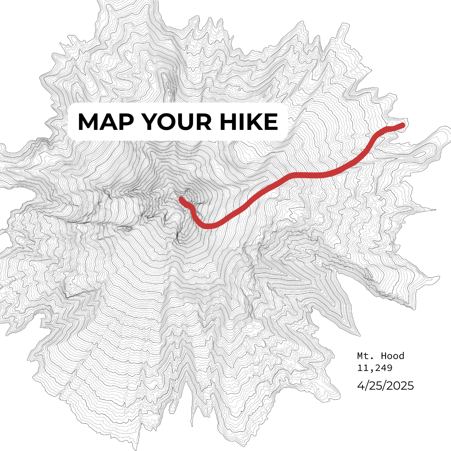 Custom topographic map with a red line and 'Map Your Hike' text on a white background