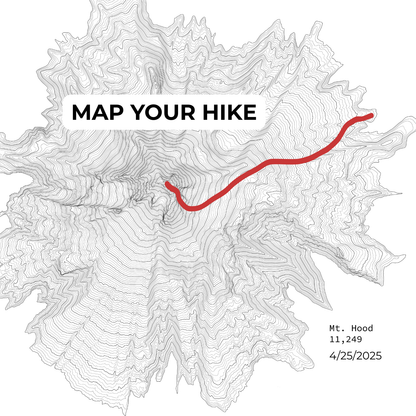 Custom topographic map with a red line and 'Map Your Hike' text on a white background
