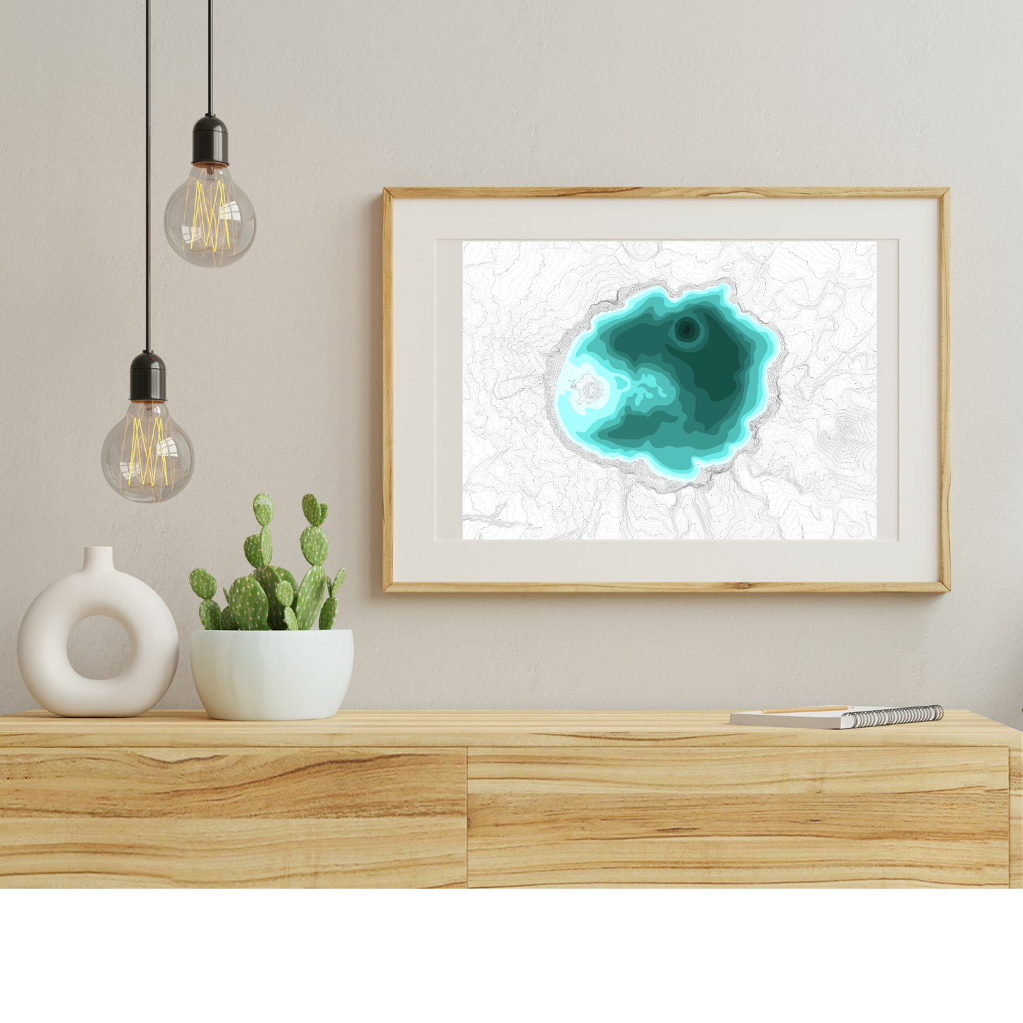 Crater Lake Line Art Print, Mountain Lake Decor, Modern Home, PNW Cascade Mountains, Central Oregon