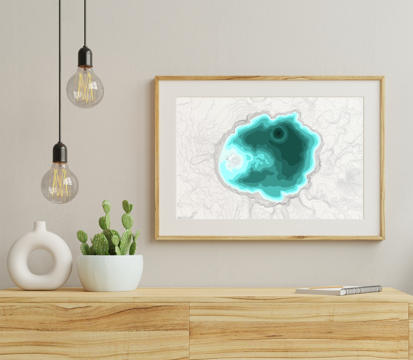 Crater Lake Line Art Print, Mountain Lake Decor, Modern Home, PNW Cascade Mountains, Central Oregon