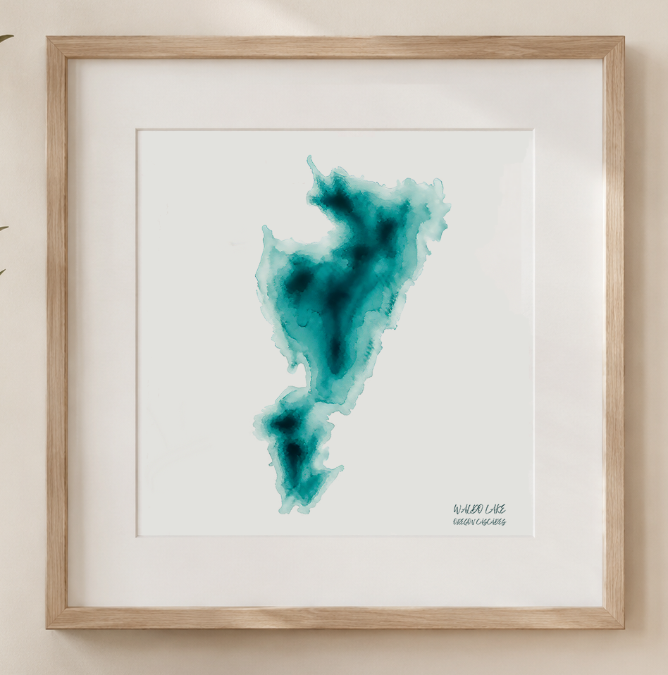 Waldo Lake Oregon Cascades | Teal Watercolor Abstract Poster | Matte Art Print on Watercolor Paper