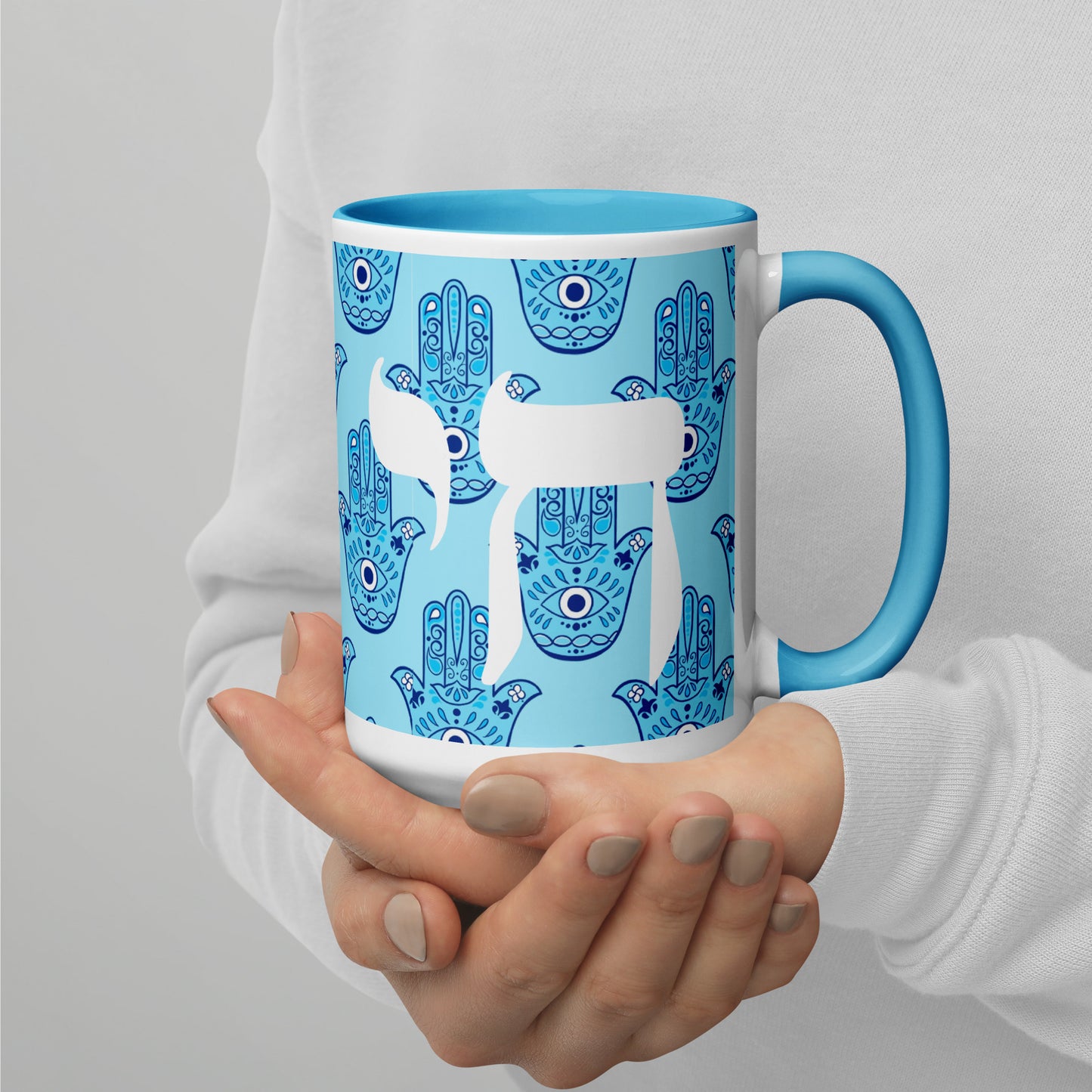 Evil Eye Pattern Chai Ceramic Coffee Mug, White with Blue Design, Mediterranean Boho Style, Microwave Safe, Standard Size, 3.75x4.5 Inches