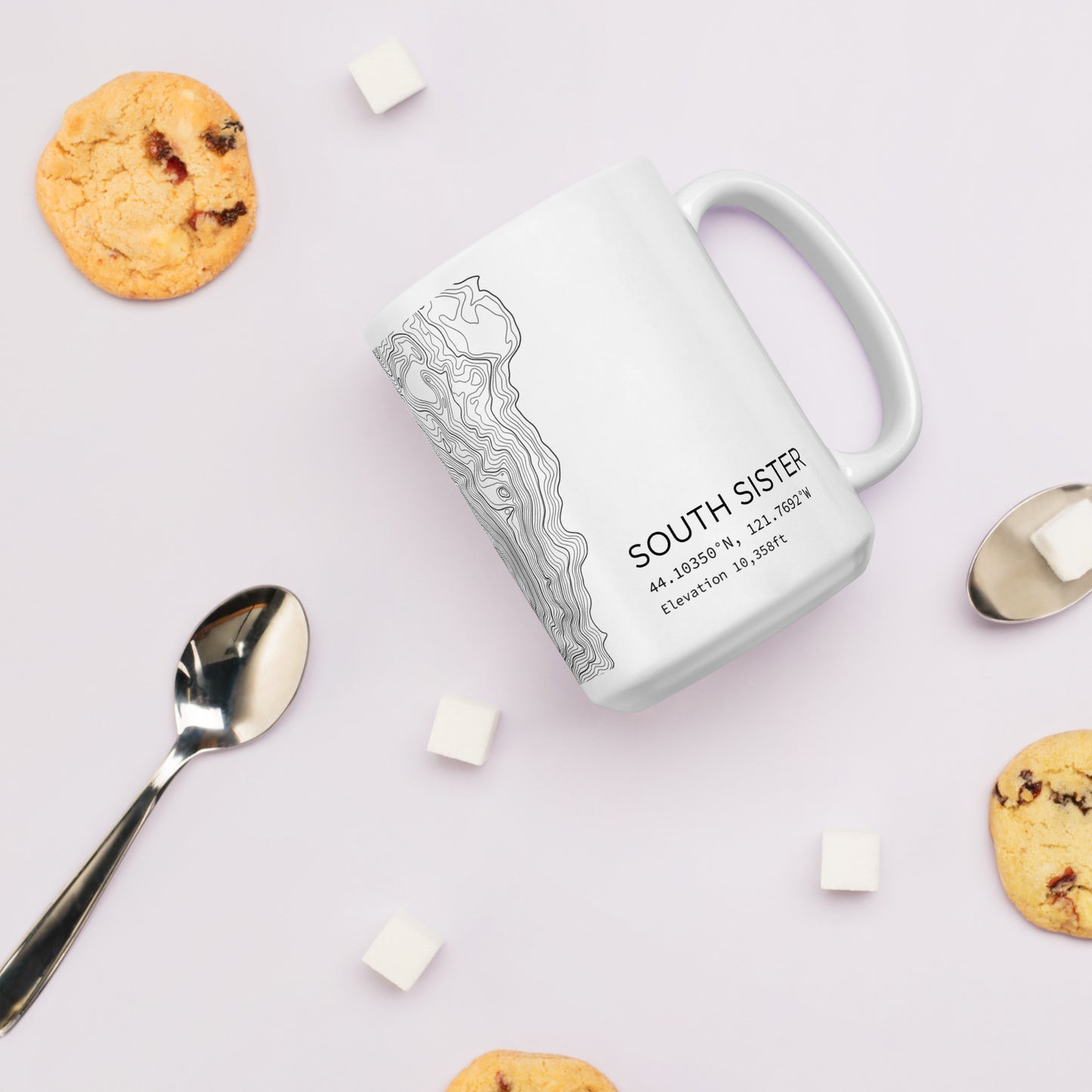 South Sister Topographic Map Coffee Mug, White Ceramic, Mountain Coordinates Design with Elevation
