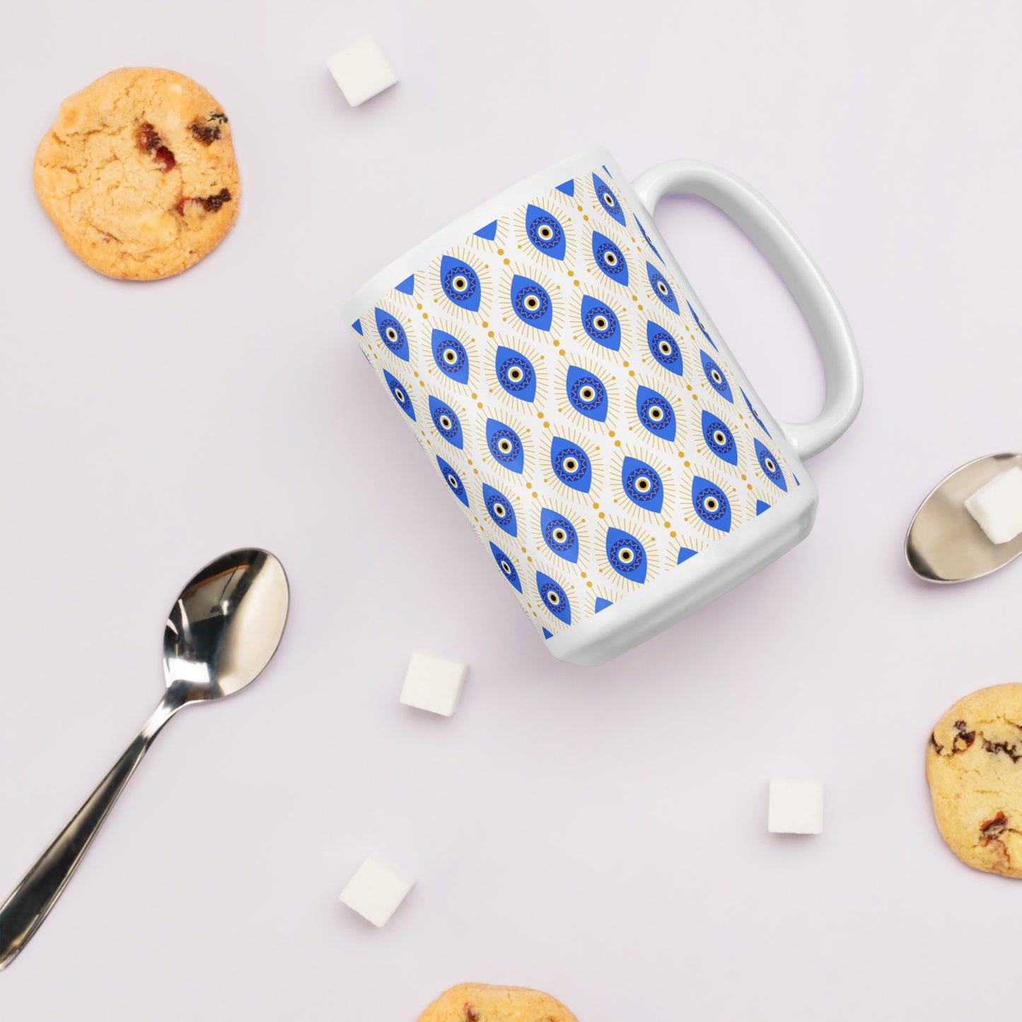 Evil Eye Pattern Ceramic Coffee Mug, White with Blue and Gold Design, Traditional Mediterranean Style