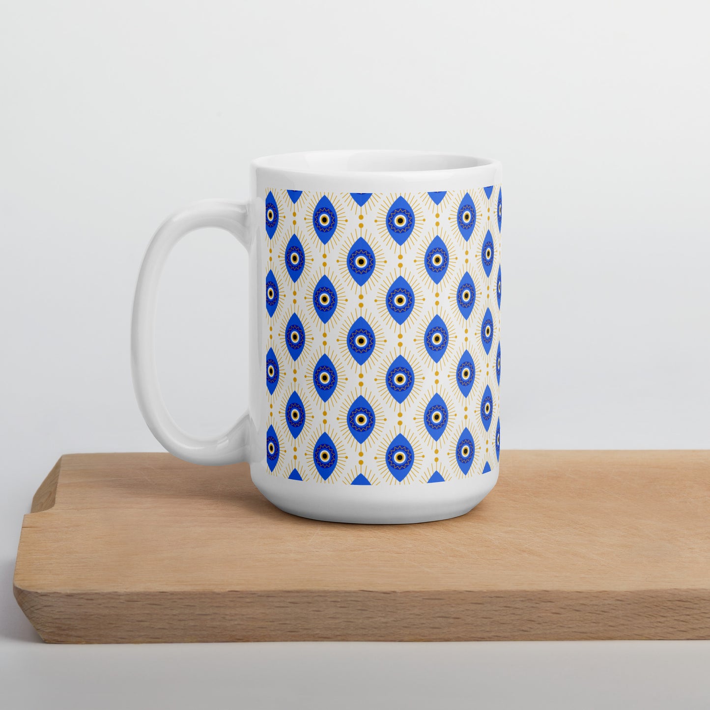 Evil Eye Pattern Ceramic Coffee Mug, White with Blue and Gold Design, Traditional Mediterranean Style
