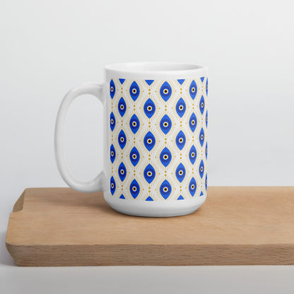 Evil Eye Pattern Ceramic Coffee Mug, White with Blue and Gold Design, Traditional Mediterranean Style