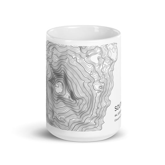 South Sister Topographic Map Coffee Mug, White Ceramic, Mountain Coordinates Design with Elevation