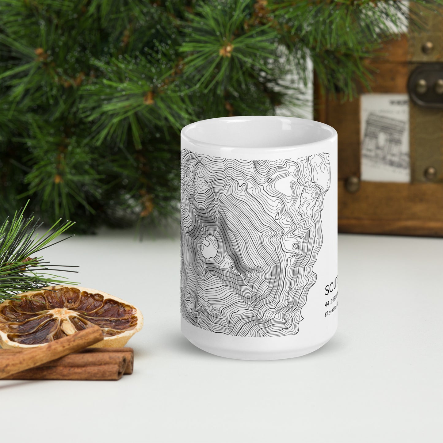 South Sister Topographic Map Coffee Mug, White Ceramic, Mountain Coordinates Design with Elevation