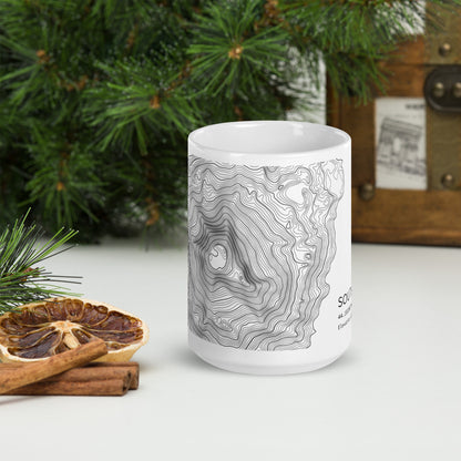 South Sister Topographic Map Coffee Mug, White Ceramic, Mountain Coordinates Design with Elevation
