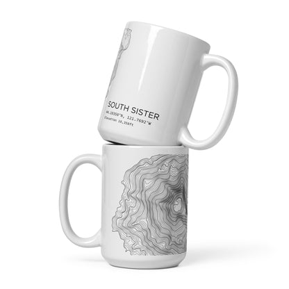 South Sister Topographic Map Coffee Mug, White Ceramic, Mountain Coordinates Design with Elevation