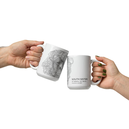 South Sister Topographic Map Coffee Mug, White Ceramic, Mountain Coordinates Design with Elevation