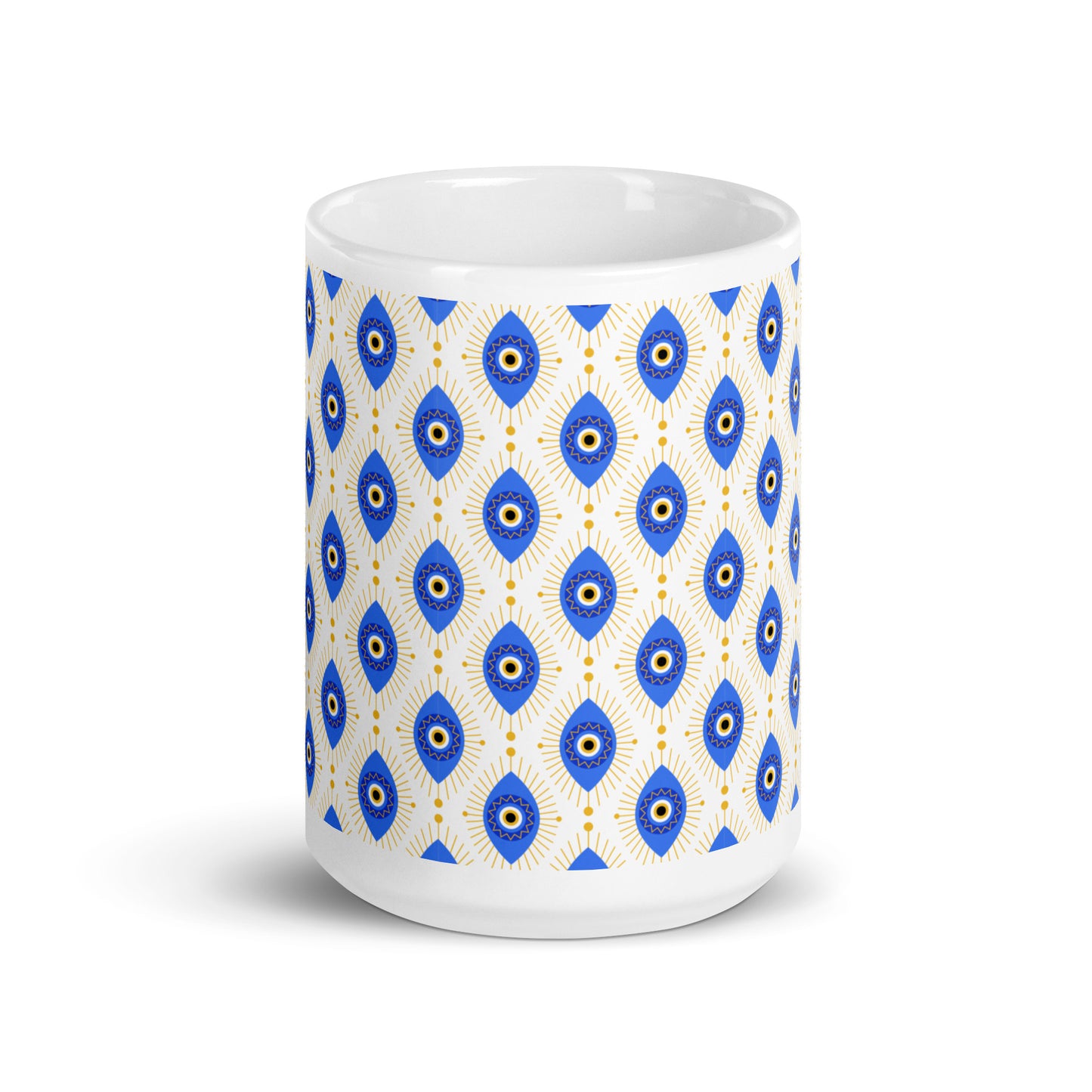 Evil Eye Pattern Ceramic Coffee Mug, White with Blue and Gold Design, Traditional Mediterranean Style