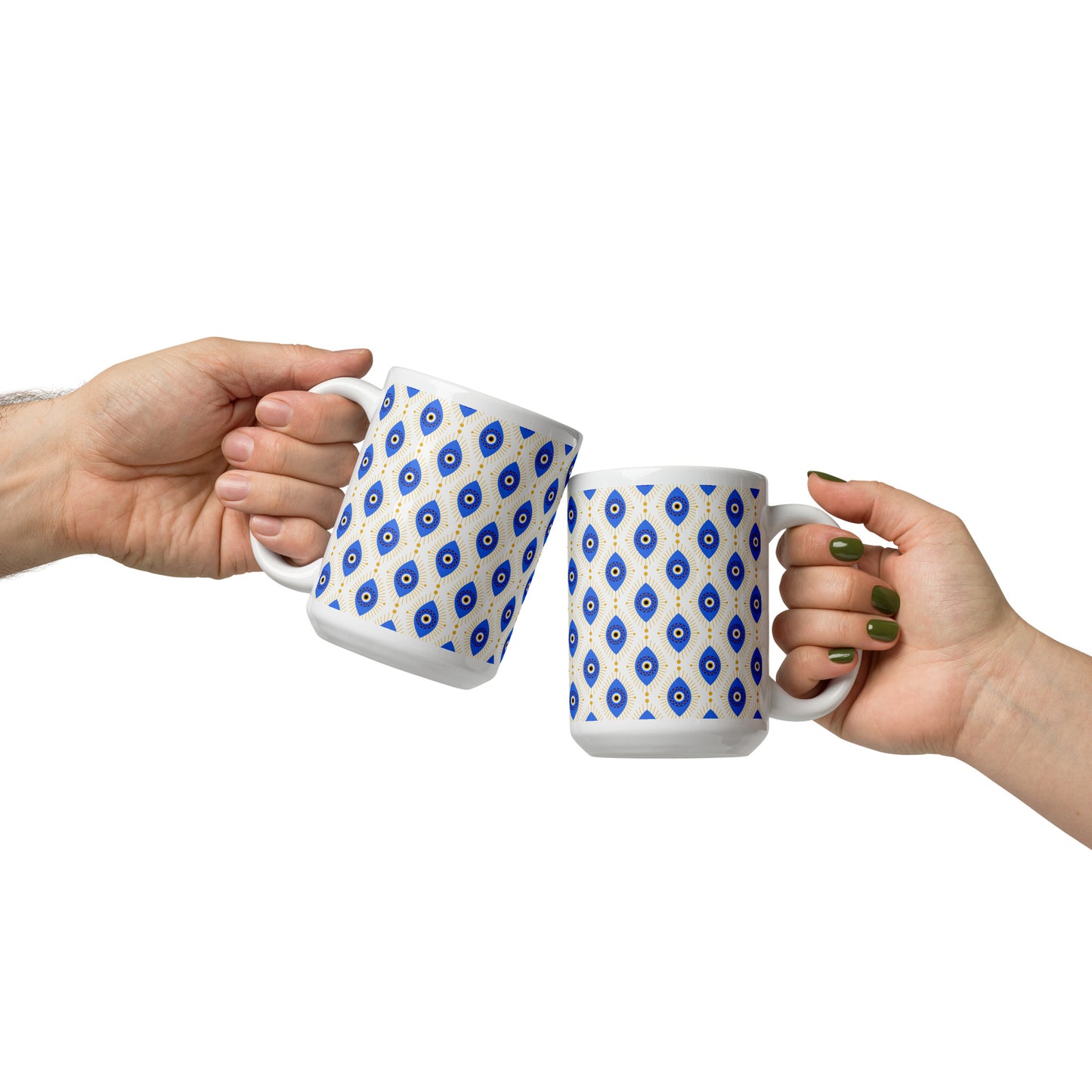 Evil Eye Pattern Ceramic Coffee Mug, White with Blue and Gold Design, Traditional Mediterranean Style