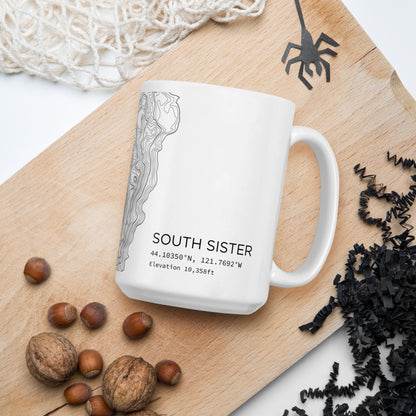 South Sister Topographic Map Coffee Mug, White Ceramic, Mountain Coordinates Design with Elevation