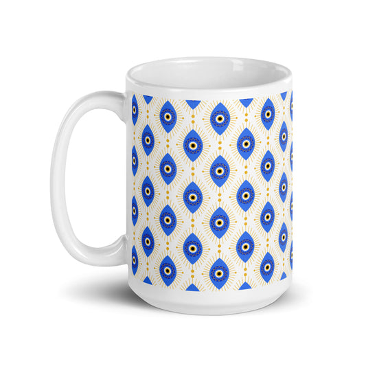 Evil Eye Pattern Ceramic Coffee Mug, White with Blue and Gold Design, Traditional Mediterranean Style