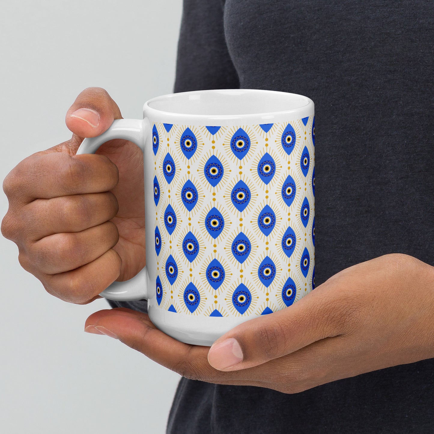 Evil Eye Pattern Ceramic Coffee Mug, White with Blue and Gold Design, Traditional Mediterranean Style