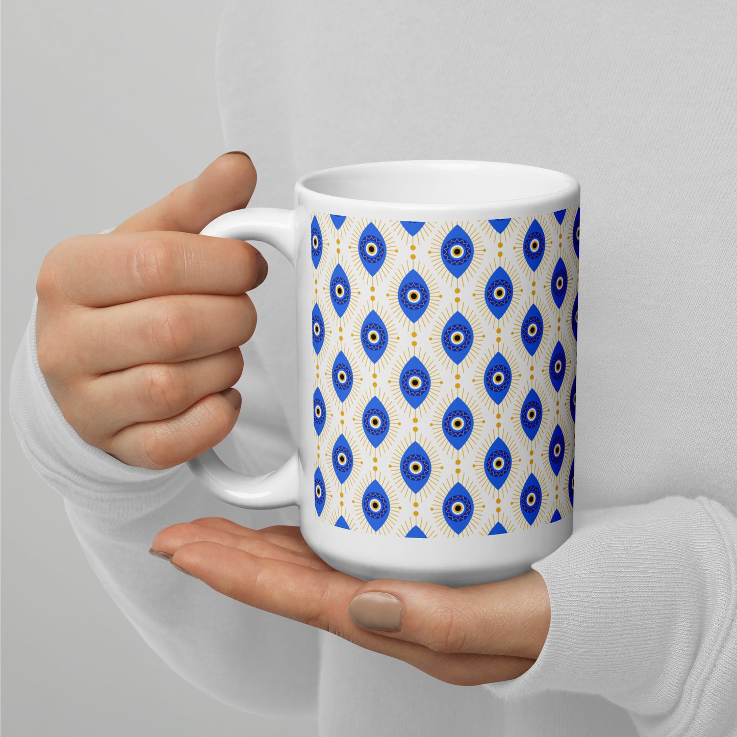 Evil Eye Pattern Ceramic Coffee Mug, White with Blue and Gold Design, Traditional Mediterranean Style