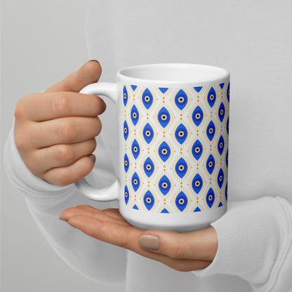 Evil Eye Pattern Ceramic Coffee Mug, White with Blue and Gold Design, Traditional Mediterranean Style