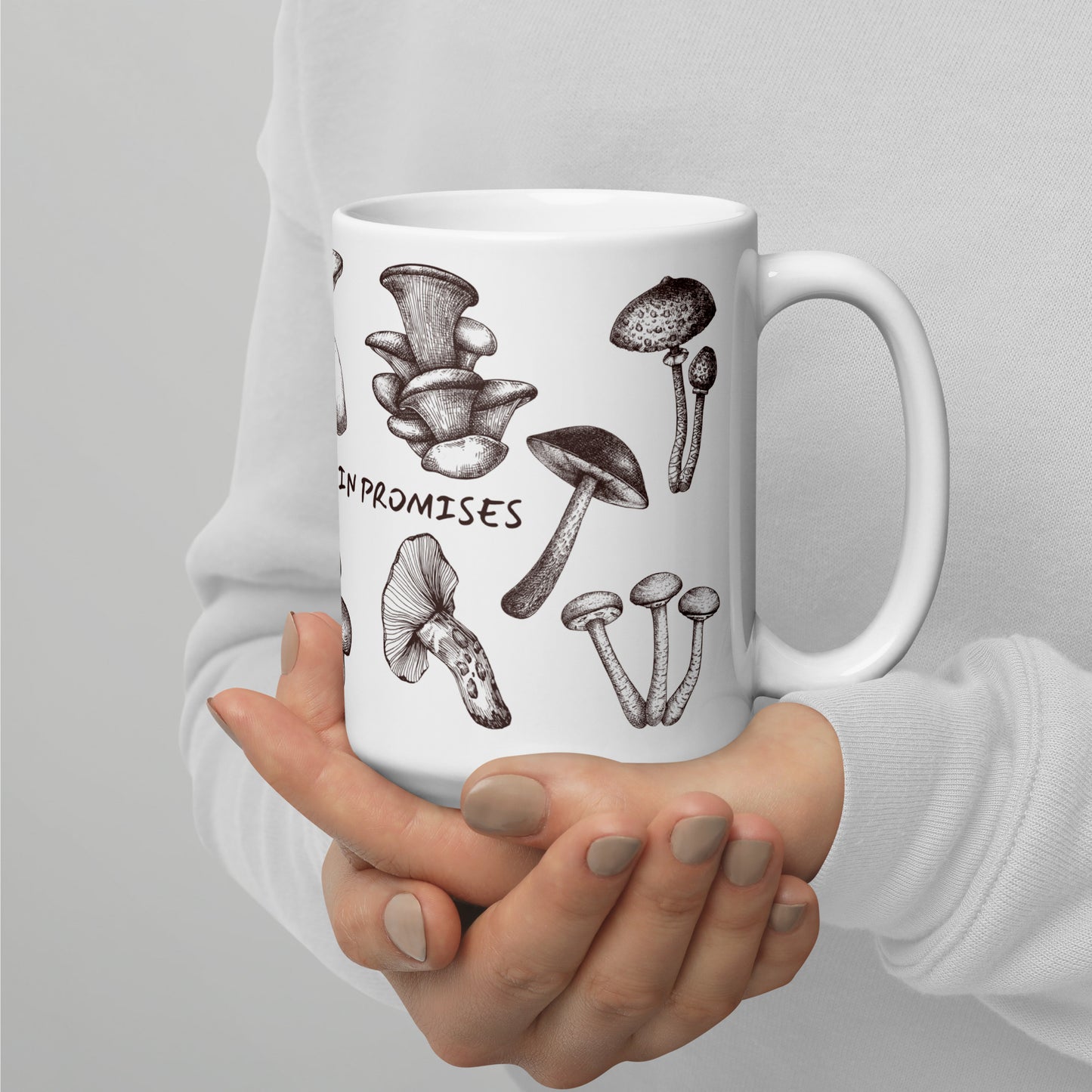 Artistic Mushroom Pattern Ceramic Coffee Mug, White, Nature Inspired Design, Decorative Kitchen Drinkware