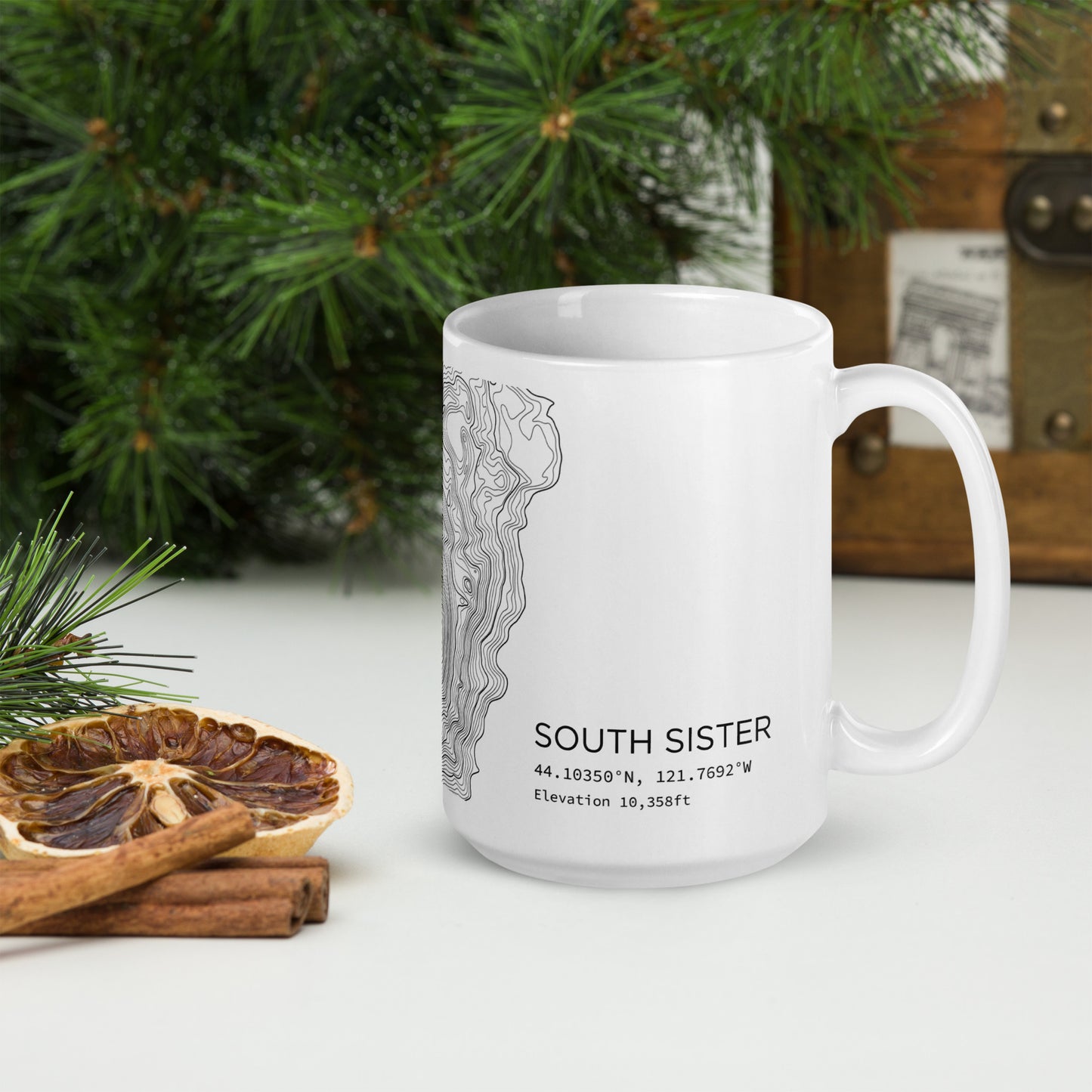 South Sister Topographic Map Coffee Mug, White Ceramic, Mountain Coordinates Design with Elevation